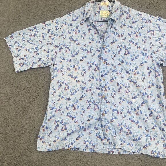 Reyn Spooner Shirt Mens Large Blue AOP Print Nautical Sailboat Cotton Hawaii - Picture 2 of 8